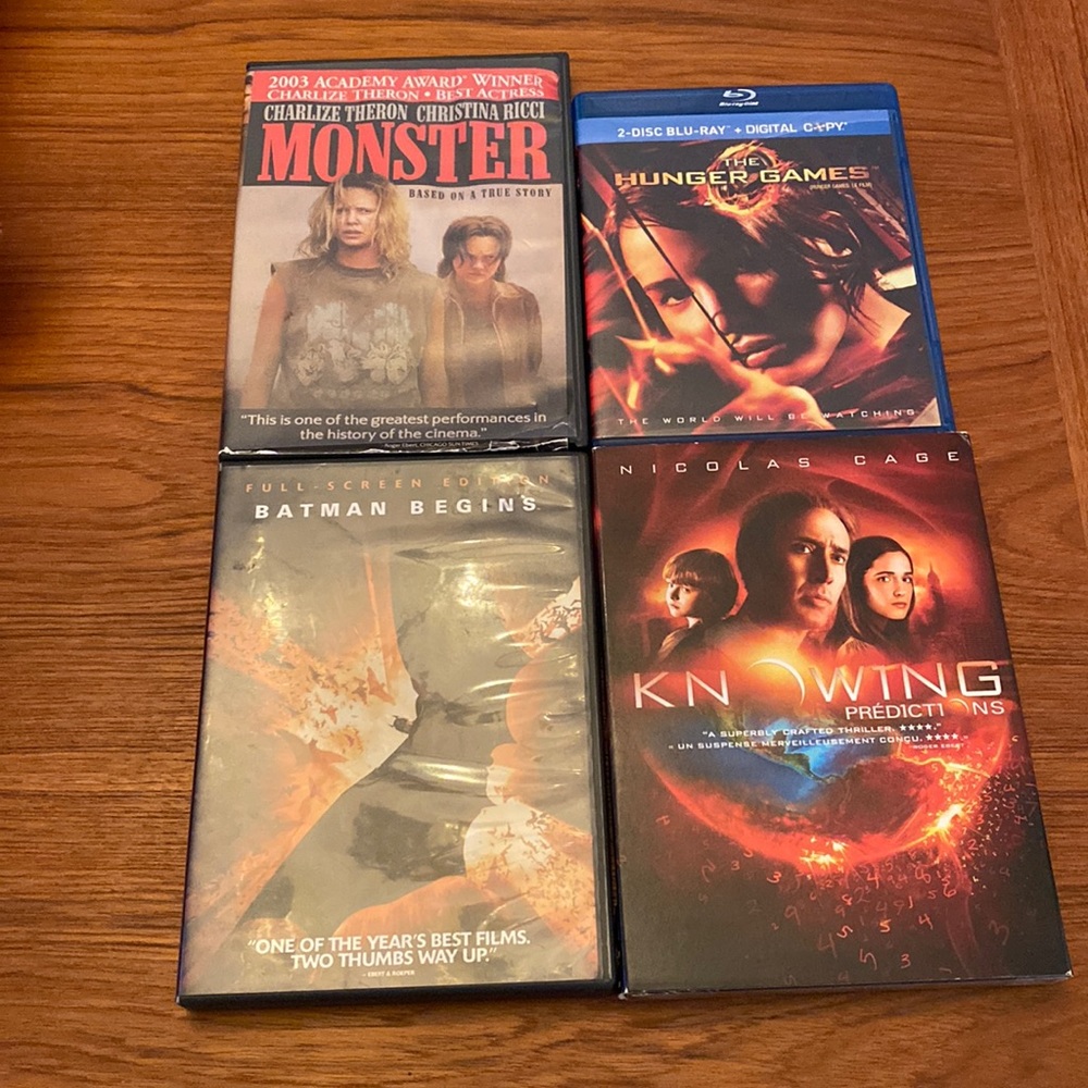 The Hunger Games, Knowing Predictions, Monster and Batman Begins DVDS